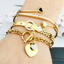Bộ quà tặng trang sức nữ chất lượng cao 3 món/bộ, vòng tay không phai màu đính đá Rhinestone, vỏ sò Rhinestone, vòng tay thép không gỉ đính đá Rhinestone hình trái tim Valentine - Sự kết hợp khác nhau - Xem 12