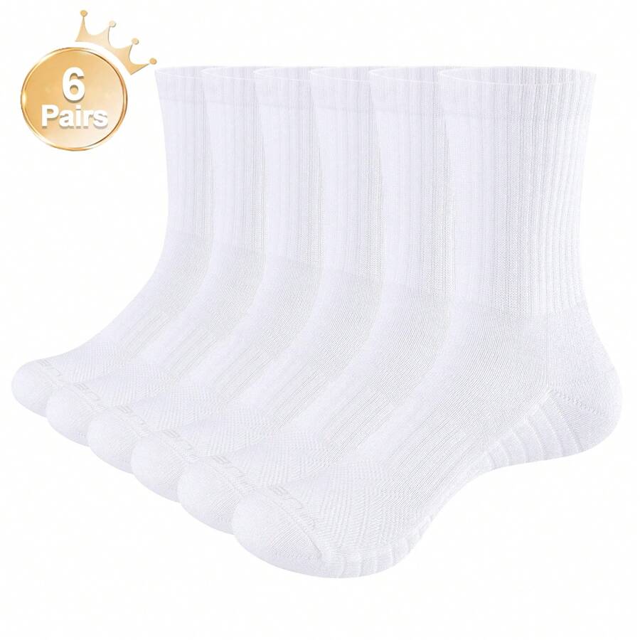 YUEDGE 6 Pairs Cotton Cushion Crew Socks Workout Training Hiking Walking Athletic Sports Socks For Men - White - View 1