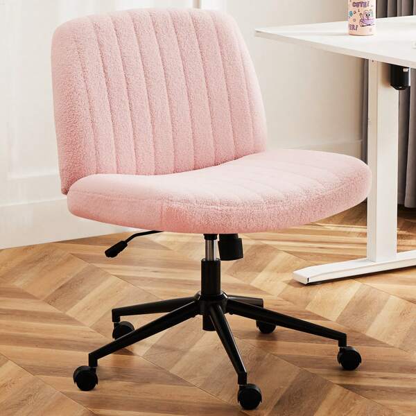 OLIXIS Criss Cross Chair With Wheels, Cross Legged Office Chair Armless Wide Desk Chair With Dual-Purpose Base, Adjustable Swivel Teddy Fabric Task Vanity Home Office Desk Chair, Pink
