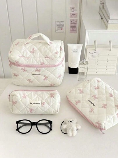 1pc/3 Piece/Set-(S-M-L) Of Cute Pink Bow Print Travel Cosmetics Bag, Multi-Function Cosmetics Storae Bag Handbag Purse Bag Portable Cosmetics Brush Storage Handbag With Zipper Closure, Can Contain Lipstick, Brush, Skin Care Products, Mobile Phone, Coins, Small Items, Suitable For Family, Travel, Vacation And School Use, Makeup Bag Makeup Bag Skin Care Bag Wash Bag Storage Bag