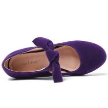 Women's Bow Mary Jane Low Block Chunky Heels Pumps Round Toe Low Heels Ankle Strap Wedding Dress Evening Party Shoes - Purple - View 6