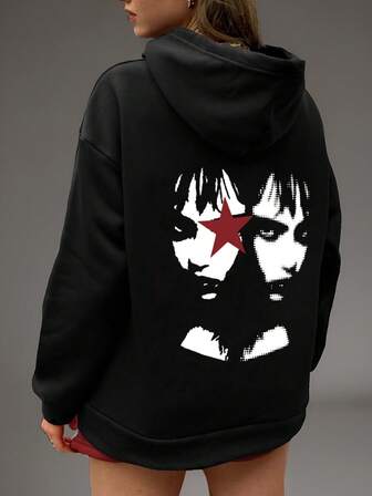 Women's Autumn/Winter Oversized Dark Street Style Graphic Portrait Reverse Pattern Star Print Fleece Hoodie Sweatshirt