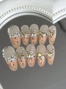 10 miếng dán móng tay giả hình quả hạnh nhân họa tiết báo Pháp lấp lánh, đầu móng tay giả có thể tái sử dụng (Vị trí họa tiết báo vẽ tay có thể thay đổi) - Nhiều màu - Xem 1