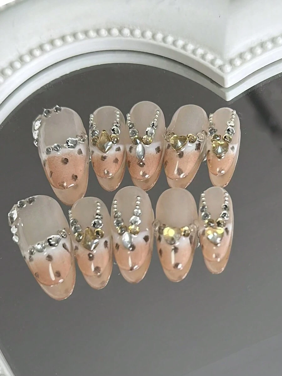 10 miếng dán móng tay giả hình quả hạnh nhân họa tiết báo Pháp lấp lánh, đầu móng tay giả có thể tái sử dụng (Vị trí họa tiết báo vẽ tay có thể thay đổi) - Nhiều màu - Xem 1