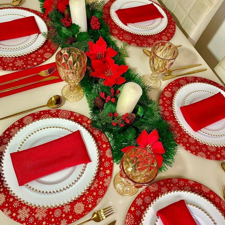 Kit 02 Christmas Sousplat Covers 100% Cotton Red And Gold Snowflakes Christmas Decoration Offer - Đỏ - Xem 1