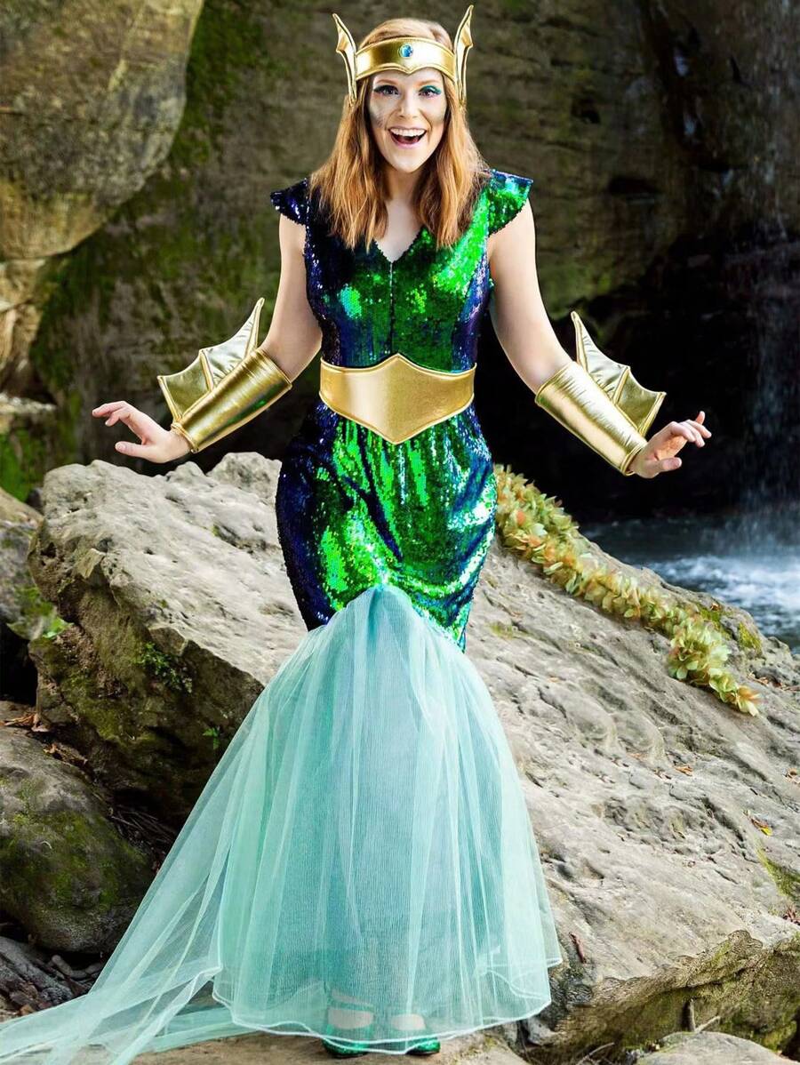 Ancient Egyptian Cleopatra Queen Costume For Halloween Party Cosplay - Green - View 1