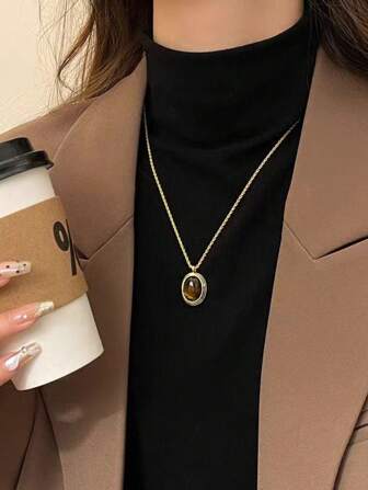 1 قلادة عين النمر بيضاوية الشكل للنساء، سلسلة سويتر فخمة بصمة نمطية رائعة، موضة انفجارية 2024 من الاكسسوارات الطويلة