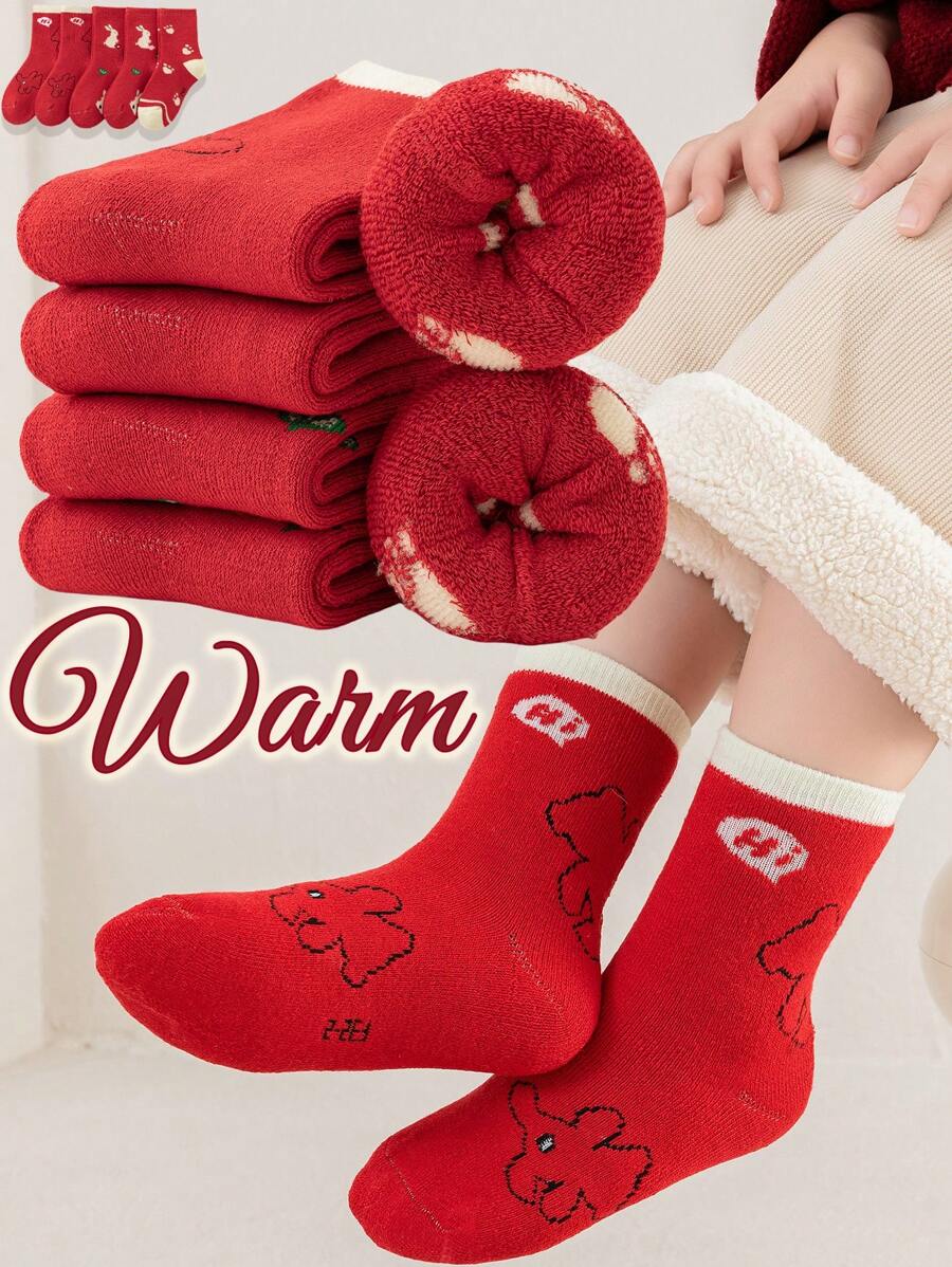5 đôi tất len dày ấm áp mùa đông cho bé gái, màu đỏ, đỏ thẫm, hồng, thiết kế hình thỏ, thích hợp cho tiệc tùng mùa thu đông, ấm cúng, giản dị, thời trang - Nhiều màu - Xem 1