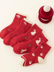 5 đôi tất len dày ấm áp mùa đông cho bé gái, màu đỏ, đỏ thẫm, hồng, thiết kế hình thỏ, thích hợp cho tiệc tùng mùa thu đông, ấm cúng, giản dị, thời trang - Nhiều màu - Xem 3