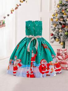 Girls' Santa Claus & Christmas Tree Pattern Holiday Party Dress, Suitable For Family Gatherings, Dress Pattern Randomly Cut, Direction Not Fixed (Headband Not Included) - Green - View 2