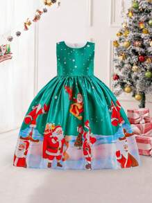 Girls' Santa Claus & Christmas Tree Pattern Holiday Party Dress, Suitable For Family Gatherings, Dress Pattern Randomly Cut, Direction Not Fixed (Headband Not Included) - Green - View 1