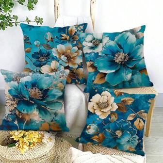 4pcs Floral & Botanical Turquoise Green Linen Throw Pillow Covers, 45cm/18 Inch Decorative Cushion Cases For Living Room Bedroom Sofa Bed
