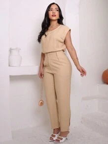 Women's Tailored T-Shirt Blouse With Buttons Round Neck - Beige - View 3