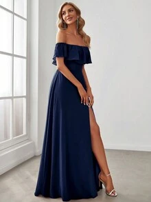 EVERPRETTY Off Shoulder Ruffles Sleeve Side Split A-Line Chiffon Navy Blue Bridesmaid Dress Wedding Guest Dress For Wedding Vacation Graduation