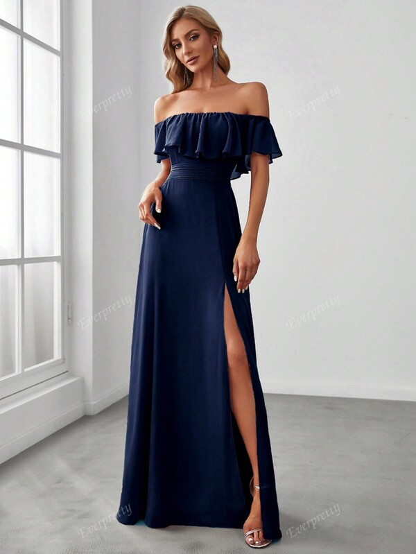 EVER-PRETTY Off Shoulder Ruffles Sleeve Side Split A-Line Chiffon Navy Blue Bridesmaid Dress Wedding Guest Dress For Wedding Vacation Graduation