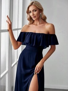 EVERPRETTY Off Shoulder Ruffles Sleeve Side Split A-Line Chiffon Navy Blue Bridesmaid Dress Wedding Guest Dress For Wedding Vacation Graduation