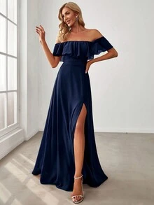 EVERPRETTY Off Shoulder Ruffles Sleeve Side Split A-Line Chiffon Navy Blue Bridesmaid Dress Wedding Guest Dress For Wedding Vacation Graduation