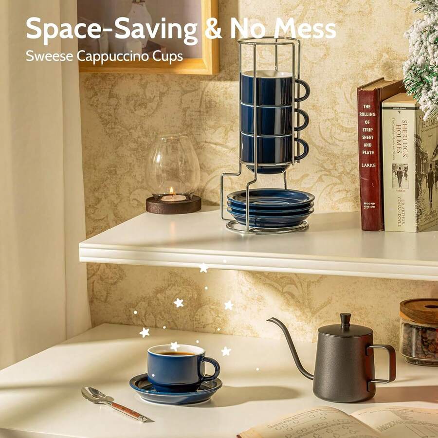 Sweese 406.103 Porcelain Stackable Cappuccino Cups With Saucers And