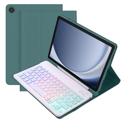 适用于三星 Galaxy Tab / Pad SE 的可拆卸彩色背光蓝牙键盘保护套，超薄轻巧支架保护套，带笔槽（不含 Apple Pencil），深绿色。