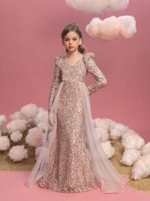 Tween Girls' Long Sleeve Sequin Contrast Mesh Hem Party Dress