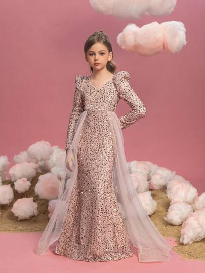 Tween Girls' Long Sleeve Sequin Contrast Mesh Hem Party Dress