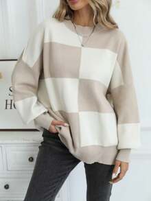 女式秋季可爱针织长袖宽松条纹休闲套头毛衣 - 杏色 - 查看 2