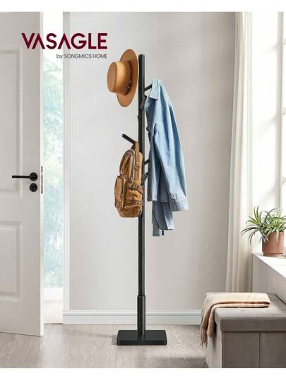 VASAGLE Coat Rack, Solid Wood Coat Stand, Free Standing Hall Coat Tree With 8 Hooks For Coats, Hats, Bags, Purses, For Entryway, Hallway, Rubberwood Hooks And Pole, Black