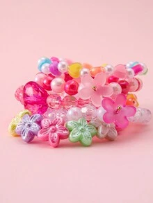 6pcs Dopamine Candy Color Girls Bracelets | Heart Crystal Flower Beaded Versatile Wristbands (Flower Bead Color Random) - Multicolor - View 3