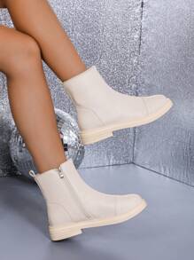 Giày bốt cổ ngắn thanh lịch thời trang hiện đại thu/đông cho nữ có khóa kéo bên hông với chi tiết bằng da, giày bốt đế xuồng phổ biến chống thấm nước, đế xuồng trắng đa năng - Màu be - Xem 1