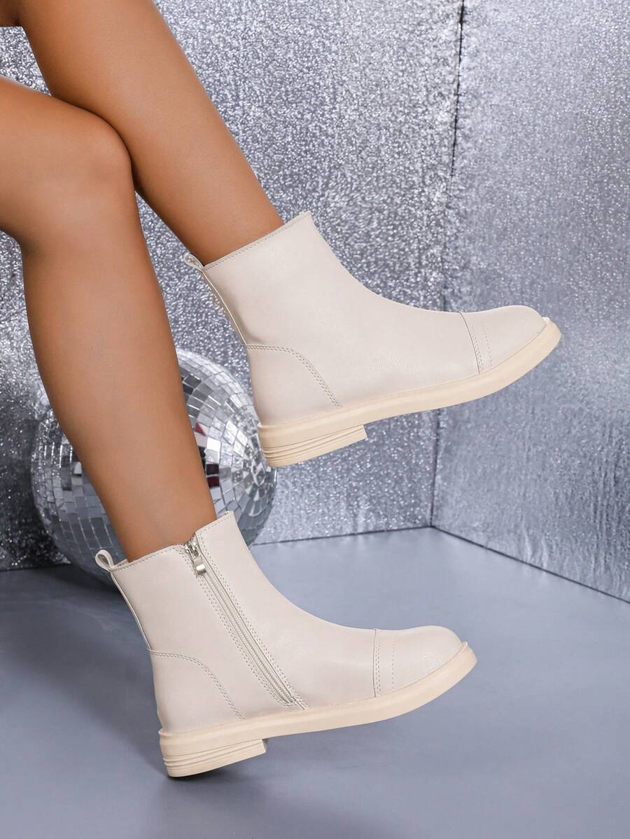 Giày bốt cổ ngắn thanh lịch thời trang hiện đại thu/đông cho nữ có khóa kéo bên hông với chi tiết bằng da, giày bốt đế xuồng phổ biến chống thấm nước, đế xuồng trắng đa năng - Màu be - Xem 1