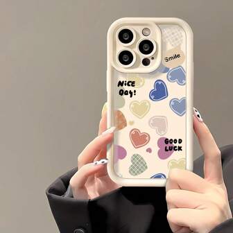1 件彩色心形图案可爱卡通软手机壳，磨砂白/粉色镜片框架阶梯式设计全覆盖防摔，兼容 OPPO/VIVO/HONOR/APPLE/REALME/TRANSSION/RENO 手机防水防震防刮