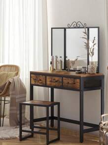 VASAGLE Dressing Table And Stool Set, Dressing Table With Triple Fold Mirror, 3 Drawers, Vanity Table With Steel Frame, Industrial Style, Rustic Brown And Black - Chocolate Brown - View 2