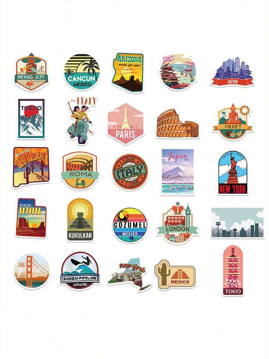 50 Sheets Waterproof City Travel Pattern Stickers For Journal
