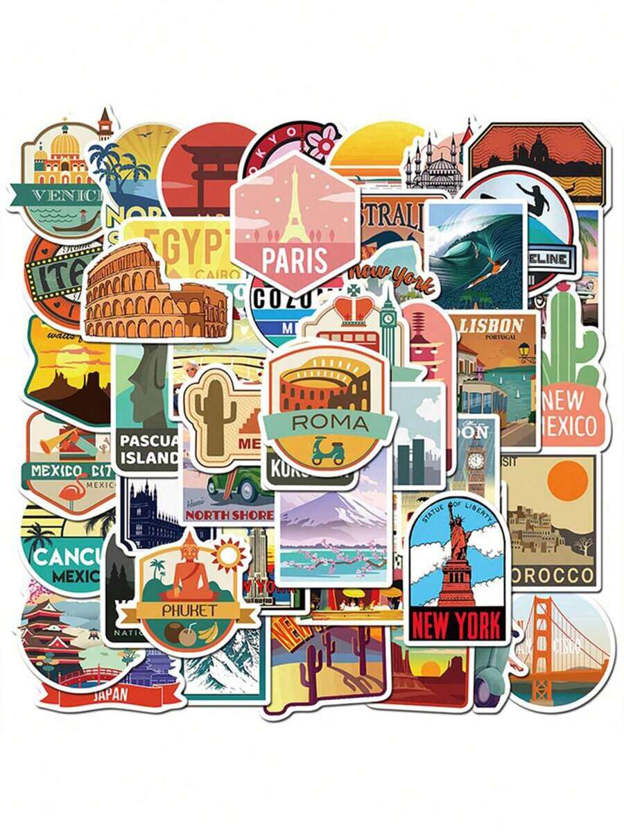 50 Sheets Waterproof City Travel Pattern Stickers For Journal