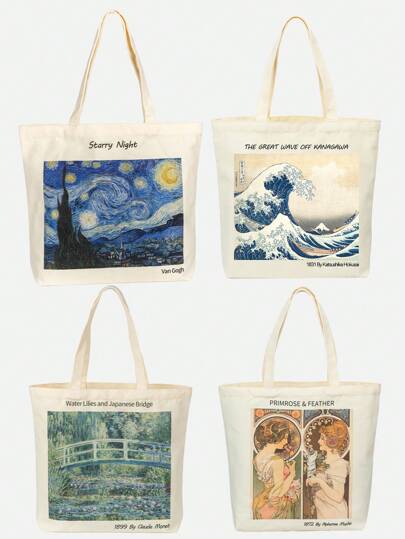 梵高星夜世界著名油画艺术帆布手提包女士女孩可重复使用手提袋可折叠大容量休闲购物袋克劳德莫奈
