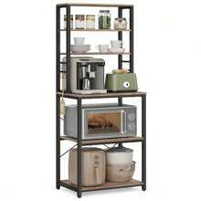 VASAGLE Kitchen Storage Rack, Coffee Bar, Baker's Rack, Total 6 Shelves And 6 Hooks, For Microwave, Steel Frame, Industrial, Greige And Black - Black - View 8