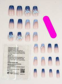 24pcs Glossy Coffin False Nails, Blue Ombre 3D Press On Nails With Butterfly Pearl 3D Decor, Include 1pc Nail File & 1pc Nail Glue, Suitable For Women And Girls