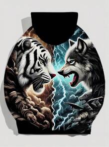 Men's Graphic Animal Print Hooded Sweatshirt, Casual Pullover, For Fall, Long Sleeve Top - Multicolor - View 4