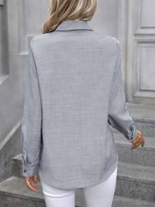 Women's Basic Long Sleeve Button Down Shirt - 淺灰色 - 查看 4