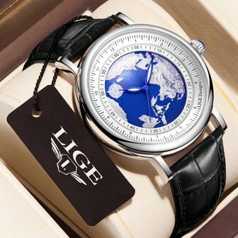 LIGE Globe Print Round Dial Quartz Watch