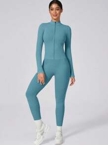 1 Set Women's Matte Sportswear, Ribbed Zip-Up Athletic Jacket And Stretchy Sweatpants - Mint Blue - View 6