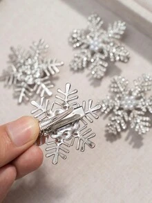 2 件装圣诞雪花发夹水钻珍珠精致金属鳄鱼发夹节日发饰最佳朋友礼物 - 銀色 - 查看 3