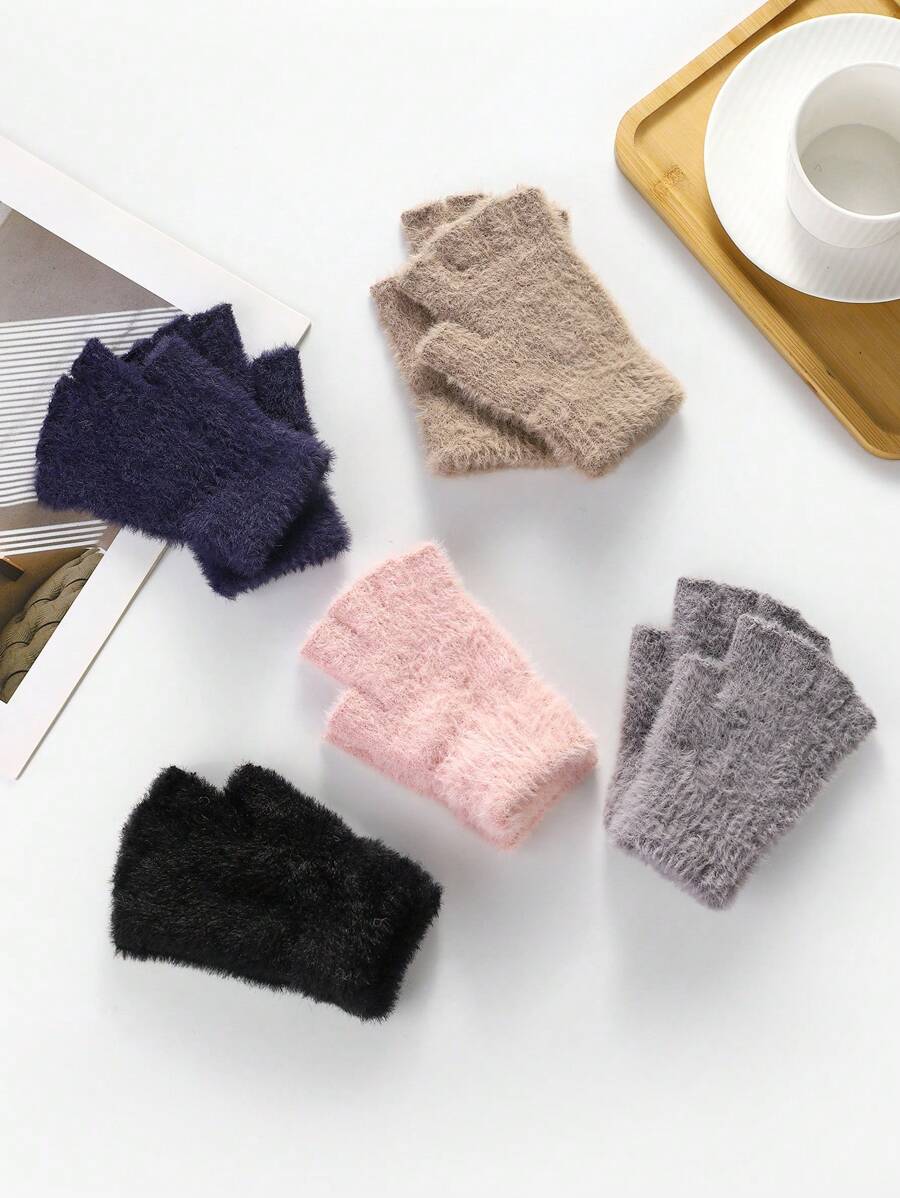 1 Pair Solid Color Casual Cute Party Polyester Intarsia Fringe Fuzzy Knit Half Finger Gloves, Soft, Suitable For Going Out, School, Spring, Autumn & Winter - A - View 1