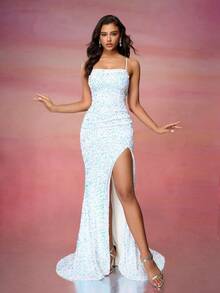 女式天鹅绒亮片露背开衩裙，带拖尾，白色正式晚会舞会礼服，适合婚礼嘉宾、毕业典礼、晚宴