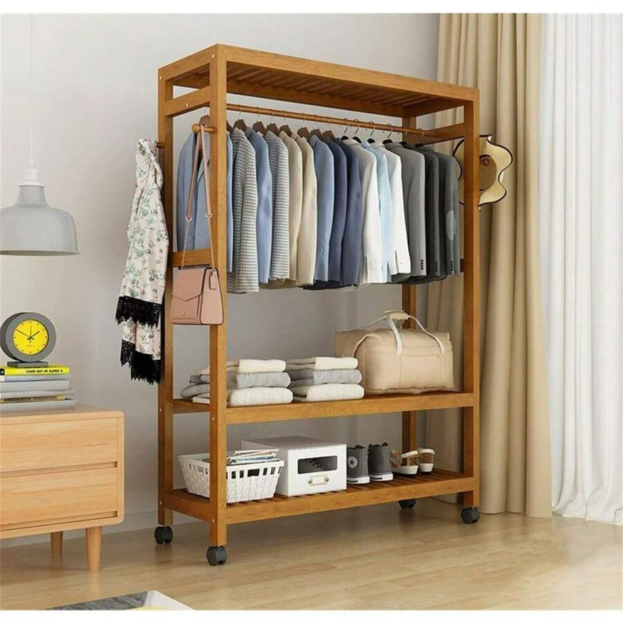 Heavy Duty Wooden Clothes Rail Rack Garment Hanging Stand Corner Open ...