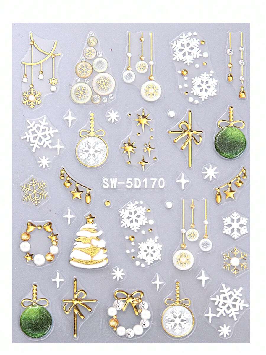 Bronzing 5D Christmas Embossed Nail Stickers 2pcs Metallic White Gold