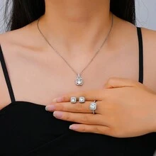 Bộ trang sức 4 món thanh lịch phong cách Hàn Quốc dành cho nữ, đá Zirconia nhân tạo & ngọc trai giả, hoa tai thời trang, vòng cổ, nhẫn cho hẹn hò, tiệc tùng, dạ hội, lễ cưới - Bạc - Xem 9