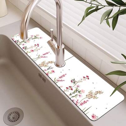 1pc Floral Sink Faucet Absorbent Mat, Drainage Pad, Kitchen, Bathroom Sink, Countertop, Drain Pad, Diatomaceous Mud Washbasin, Cuttable, Quick Drying Pad