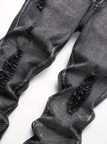 Blugi din denim pentru bărbați, cu elasticitate învechită, slim fit, ocazional, ținută de zi cu zi - Negru - Vizualizare 3