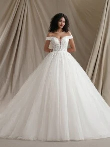 Glitter Ball Gown Wedding Dress Off The Shoulder Shinny Lace Bridal Gown,Bride - Beige - View 6